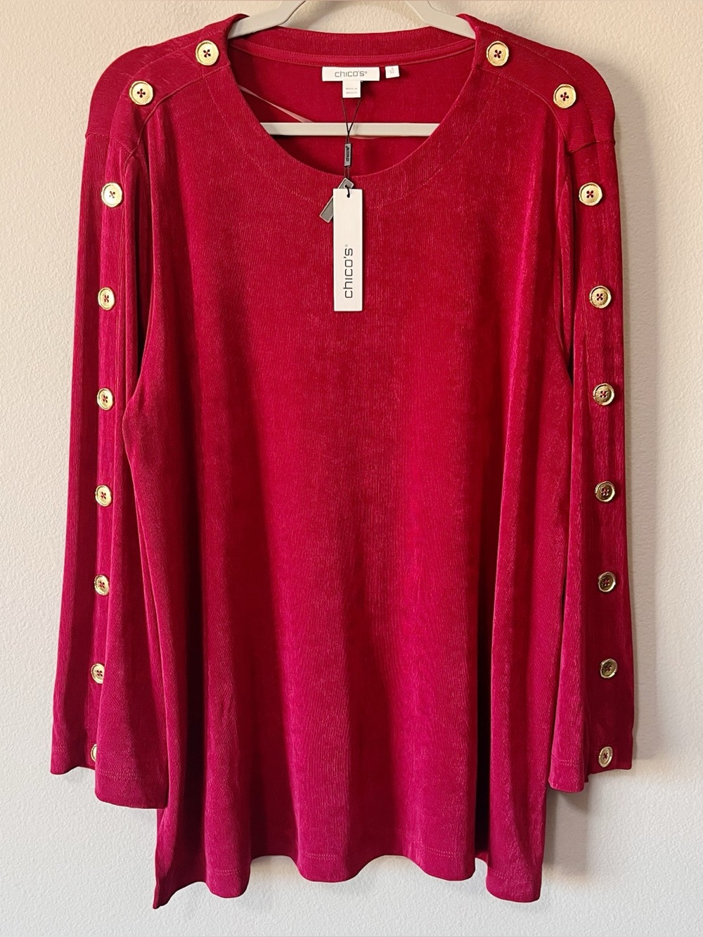 Chicos NEW Travelers Button Sleeve Tunic Long Sleeve Top Berry Compote Size 3 XL